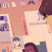 An illustration of a person working at a large computer screen while video calling a friend.