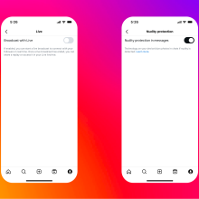 Two phone screens showing the settings pages for turning off broadcast restrictions and turning on nudity protection.