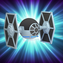 A spherical Amazon Echo Dot placed inside a Star Wars TIE Fighter-themed stand, set against a background of radiating blue and purple light bursts.