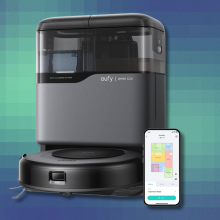 Eufy Omni C20 robot vacuum and mop on teal abstract background