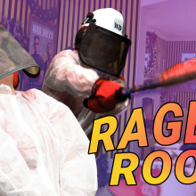 Kristy Puchko smashing products at the Pluto TV Rage Room