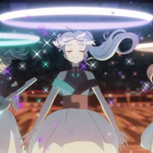 Three animated girls in a band.