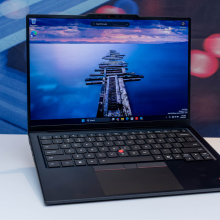 The Lenovo ThinkPad X1 Carbon Gen 14 Aura Edition at CES 2026.