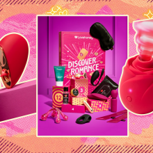 Lovehoney valentine's day sex toys against a pink and orange background. 