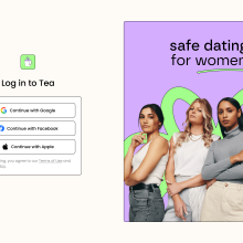 screenshot of tea browser login page, with several women crossing their arms