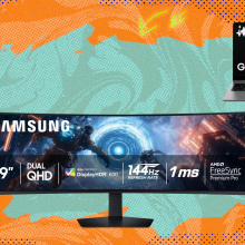 Samsung devices on orange and teal abstract background