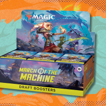 Magic: The Gathering March of the Machine booster box on teal and orange abstract background