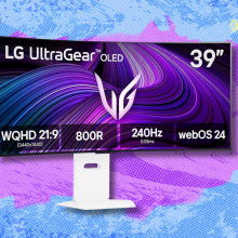 LG gaming monitor on pink and blue abstract background