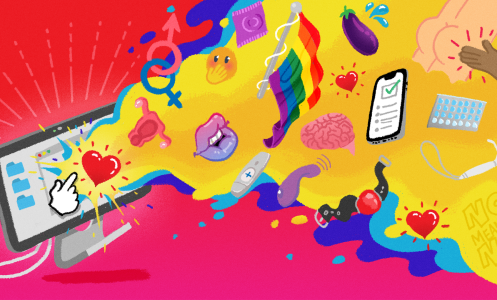 illustration of pride flag, lips, and other symbols emerging from a computer screen