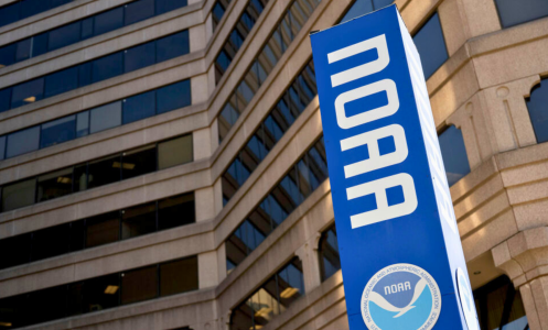 Signage outside the National Oceanic and Atmospheric Administration (NOAA) headquarters in Silver Spring, Maryland, US.