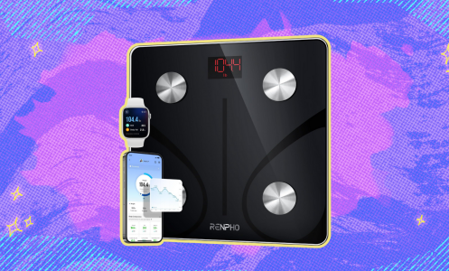 The Renpho smart scale against a pink and purple background. 