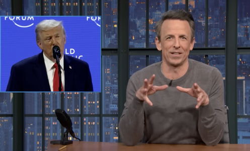 Seth Meyers presents "Late Night" beside an image of Donald Trump