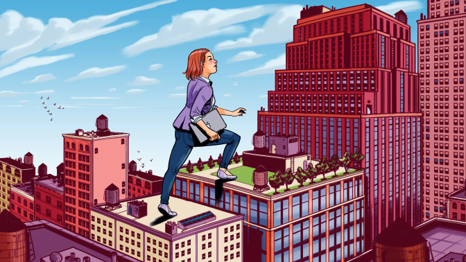 illustration of white woman in a suit walking on top of buildings
