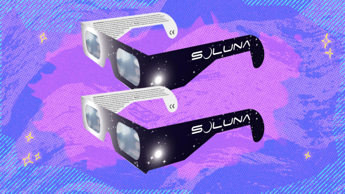 two pairs of eclipse glasses on purple and blue background