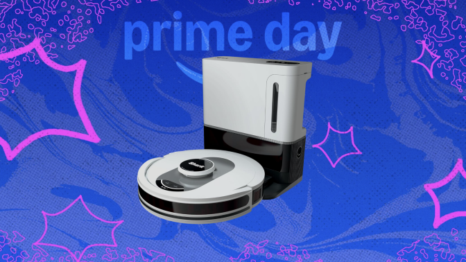 Shark AI Ultra robot vacuum on a blue Prime Day background