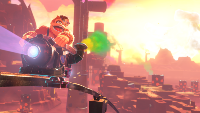 DK and Pauline in a mine cart in Bananza