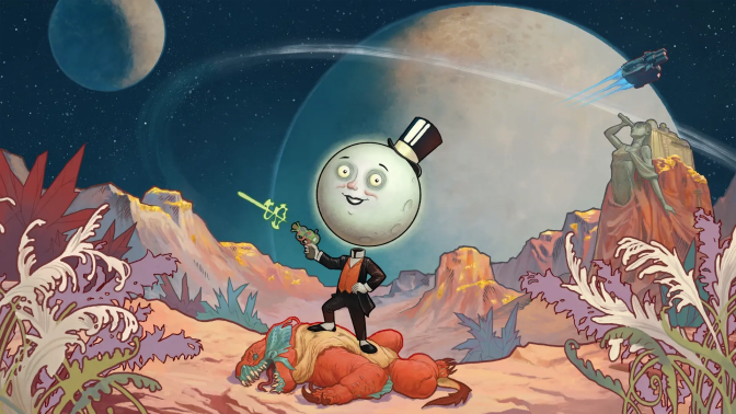 The Outer Worlds 2 cover artwork, of a man with a moon face standing on top of a beast on an alien planet