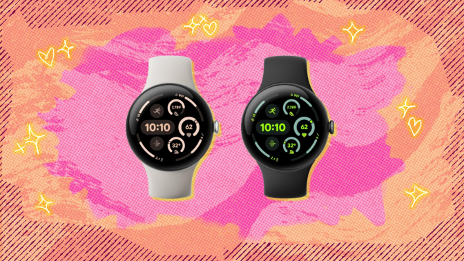 Google Pixel Watch in black and white with pink and orange background