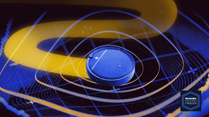 illustration of a robot vacuum with a yellow path behind it 