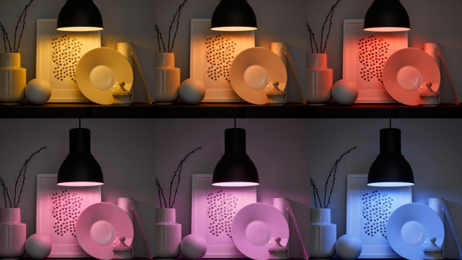 A lamp displaying home goods in six different colors.