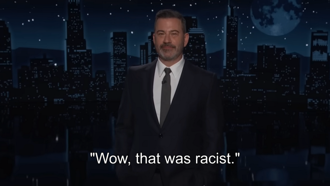 Jimmy Kimmel on the set of 'Jimmy Kimmel Live.' An overlaid quote reads: "Wow, that was racist."