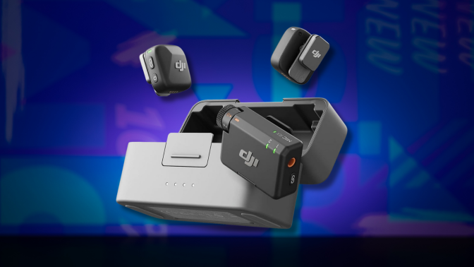 A DJI Mic Mini on a colorful background