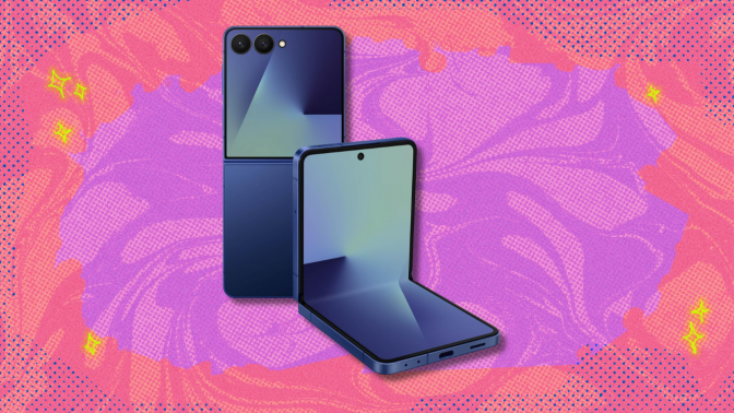 Samsung Galaxy Z Flip 7 on pink and purple abstract background