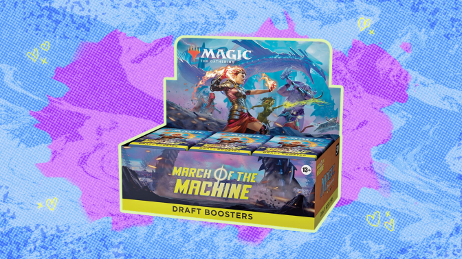 The Magic: The Gathering March of the Machine Draft Booster Box against a colorful background. 