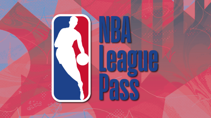 NBA League Pass logo with red and blue abstract background