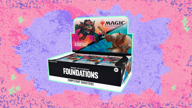 Magic: The Gathering Foundations Jumpstart 2025 Boosters against a pink and purple background. 