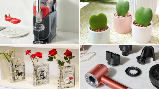 Ninja Slushi, potted heart-shaped succulents, book-themed vases with flowers, and Dyson Supersonic Nural hair dryer arranged in collage