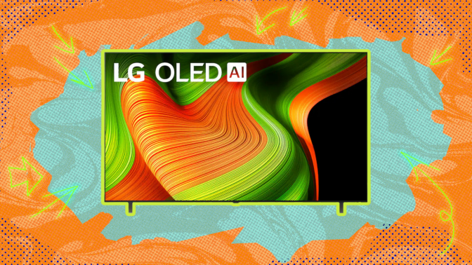 The LG 77-inch Class B5 Series OLED AI 4K UHD Smart webOS TV (2025) against an orange background.