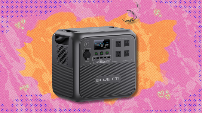 Bluetti AC180 Portable Power Station on orange and pink abstract background