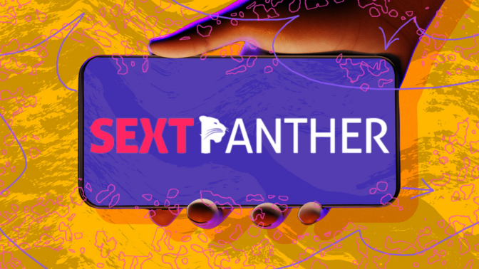 Hand holding phone with SextPanther logo against abstract background