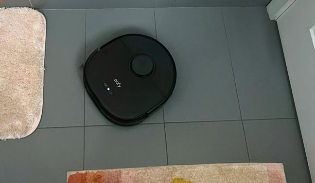 Eufy X10 Pro Omni robot vacuum mopping tile bathroom floor
