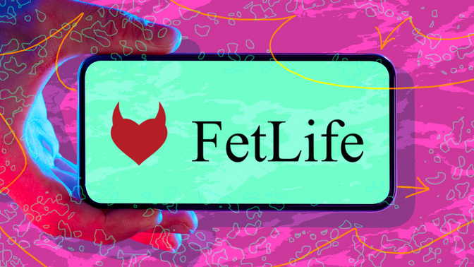 Hand holding phone with FetLife logo against abstract background